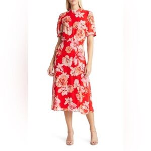 Floral Puff Sleeve Mock Neck Midi Dress